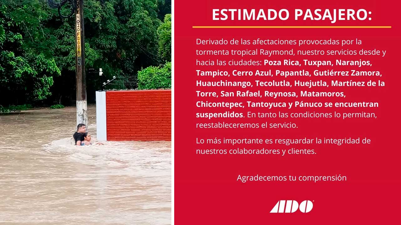 ADO suspende corridas a Veracruz por inundaciones y crecimiento de ríos
